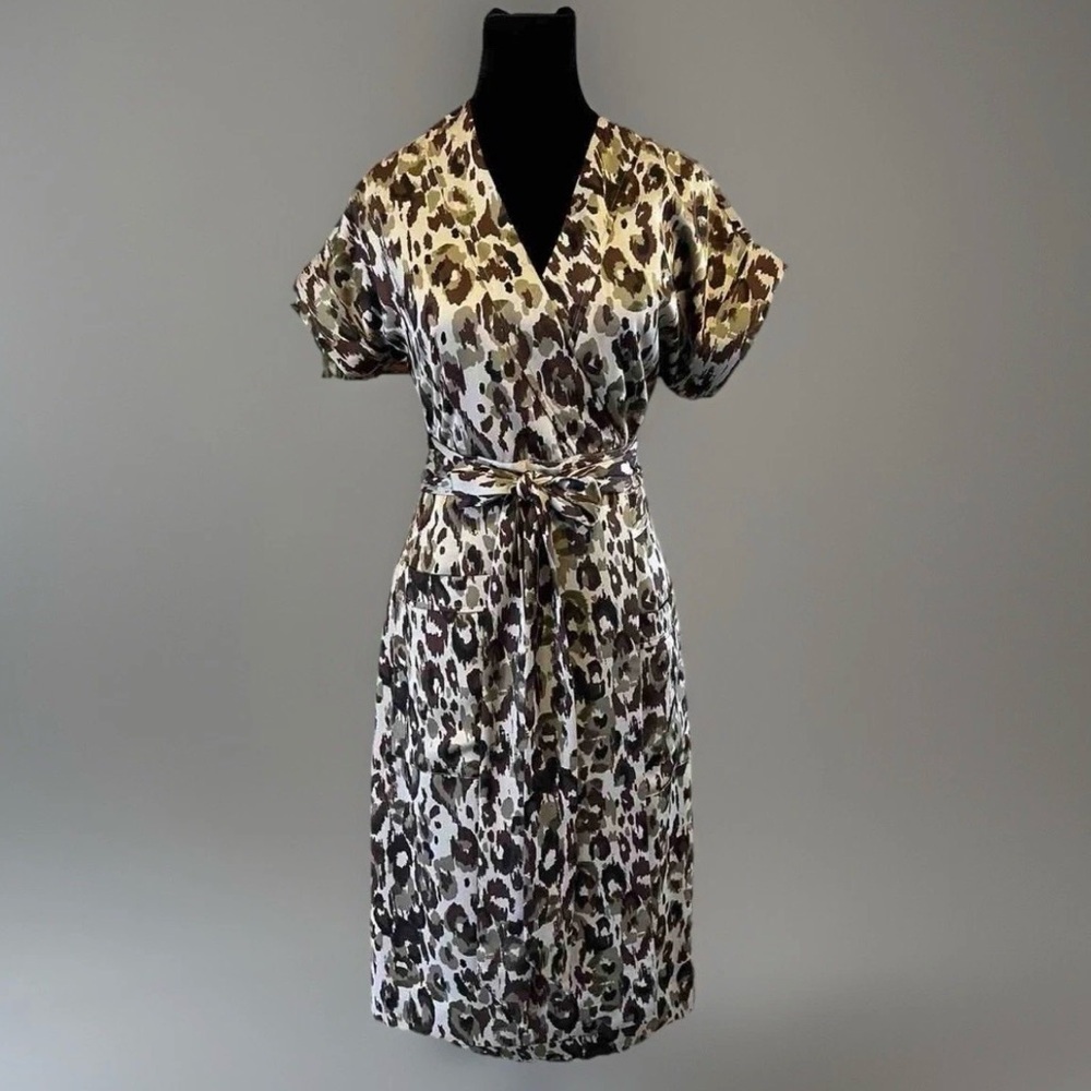 J Crew Wrap Dress Sz XS S Neutral Cheetah Animal Print Party Wedding Guest EUC